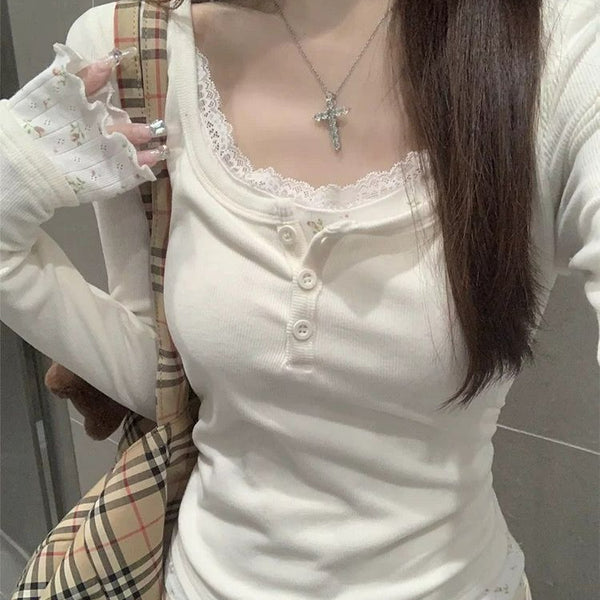 Blusa Manga Larga Efecto Dos Piezas con Encaje Floral