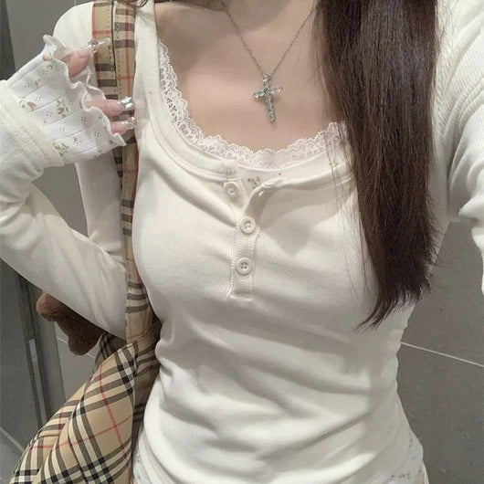 Blusa Manga Larga Efecto Dos Piezas con Encaje Floral