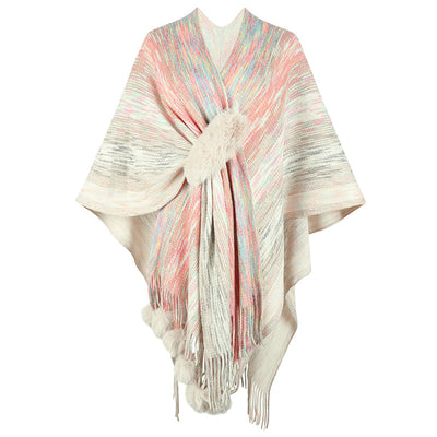 Abrigo Poncho Tejido con Borlas de Colores Contrastantes para Mujer - Image 3