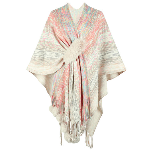 Abrigo Poncho Tejido con Borlas de Colores Contrastantes para Mujer - Image 3