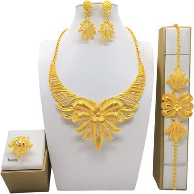 24K gold-colored four-piece jewelry set with peacock necklace, matching bracelet, earrings, and ring. - Image 11