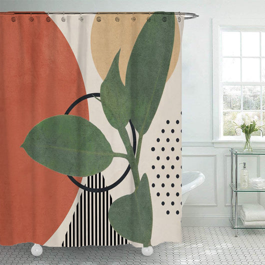 Modern geometric shower curtain with abstract shapes in brown, orange, and green, featuring a black botanical print. - Image 3