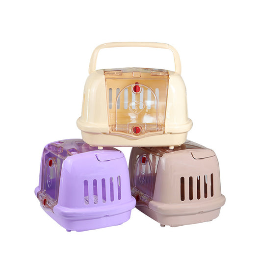 Brown pet carrier with a clear front door, top handle, ventilation slots, and a white urinating pad. - Image 5