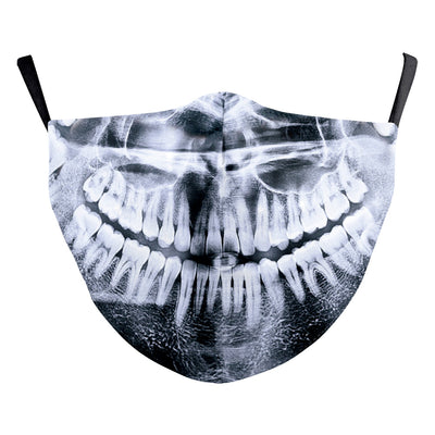 Blue face mask with a printed design of a face featuring red lips and a dark blue nose, with black ear loops. - Image 19