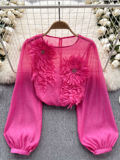 Blusa Slim Fit con Flores 3D y Mangas Abullonadas para Mujer - Image 3
