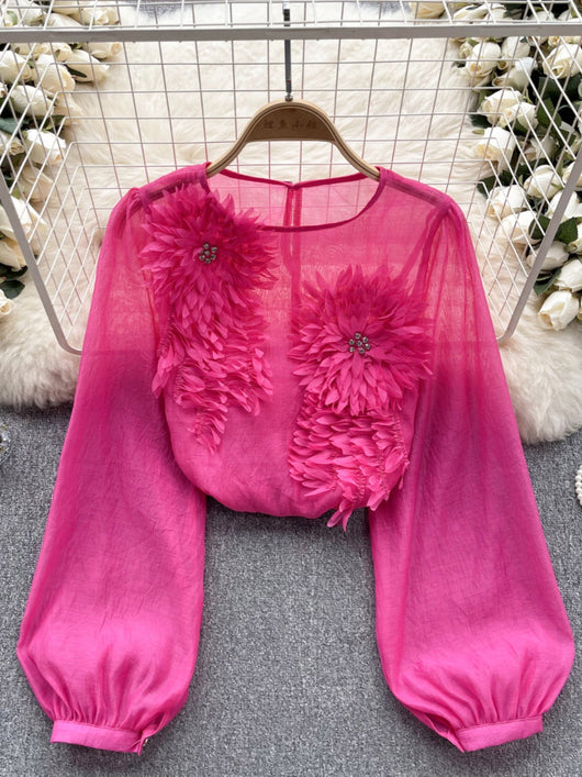 Blusa Slim Fit con Flores 3D y Mangas Abullonadas para Mujer - Image 3