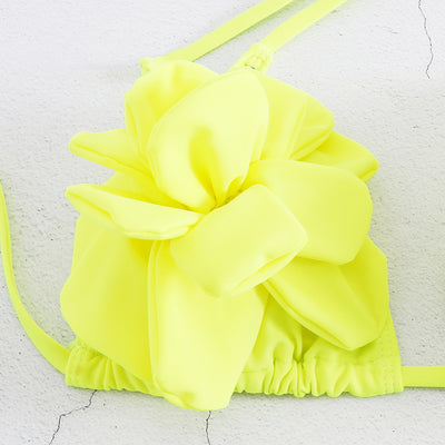 Neon yellow women's bikini with 3D floral details on the triangle top and a high-cut bottom. - Image 5
