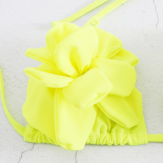 Neon yellow women's bikini with 3D floral details on the triangle top and a high-cut bottom. - Image 5