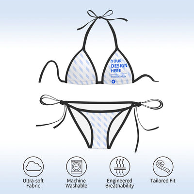 Women's two-piece bikini with a white and light blue diamond pattern, black trim, and tie-side bottoms. - Image 7