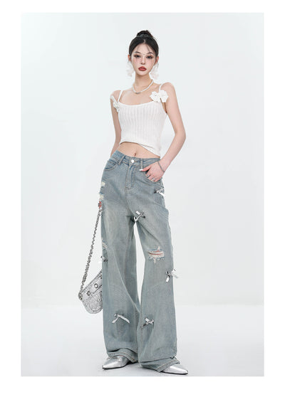 Jeans Rectos Retro con Lazada y Rotos para Mujer - Image 15