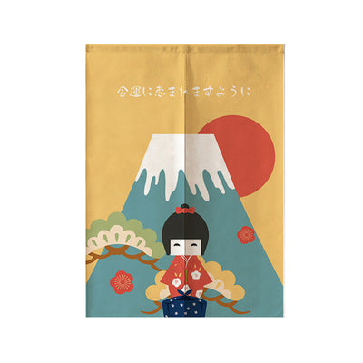 Red fabric door curtain with white polka dots and a repeating pattern of a lucky cat holding a gold coin, surrounded by flowers. - Image 36