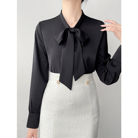 Blusa Ejecutiva de Satén con Moño y Cinta para Mujer - Image 4