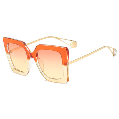 Women's black square frame sunglasses with blue gradient lenses and gold metal temples featuring a pearl accent. - Image 7