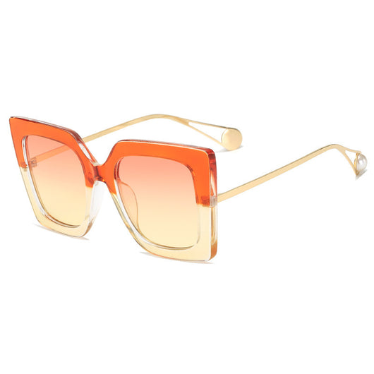 Women's black square frame sunglasses with blue gradient lenses and gold metal temples featuring a pearl accent. - Image 7