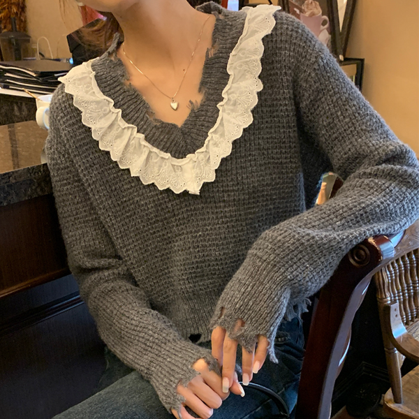 Suéter Tejido Corto con Cuello V y Detalles de Madera Spliceada para Mujer
