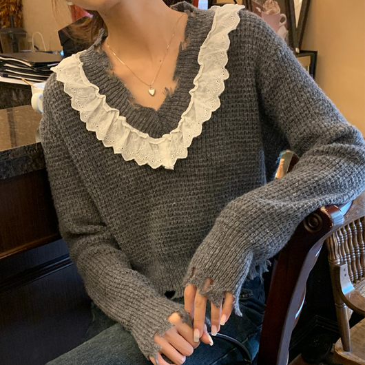 Suéter Tejido Corto con Cuello V y Detalles de Madera Spliceada para Mujer