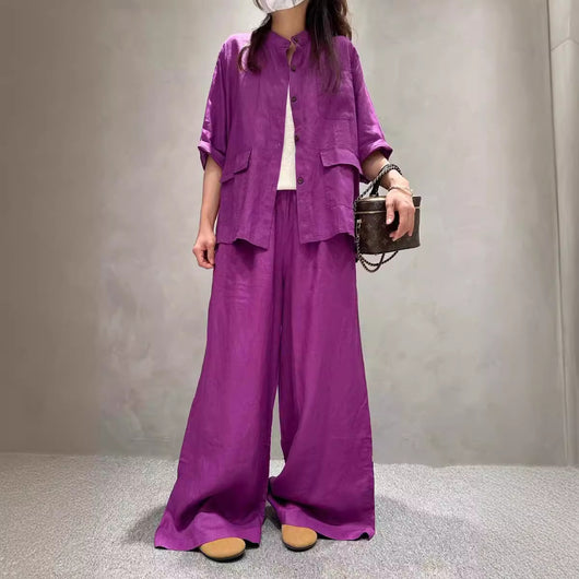 Conjunto de Lino Casual: Camisa Manga Corta y Pantalón de Color Liso - Image 4