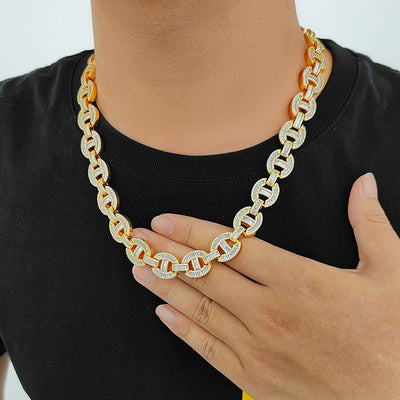 Cadena y Pulsera Hip Hop Nariz de Cerdo Chapado en Oro Real 16mm - Image 8