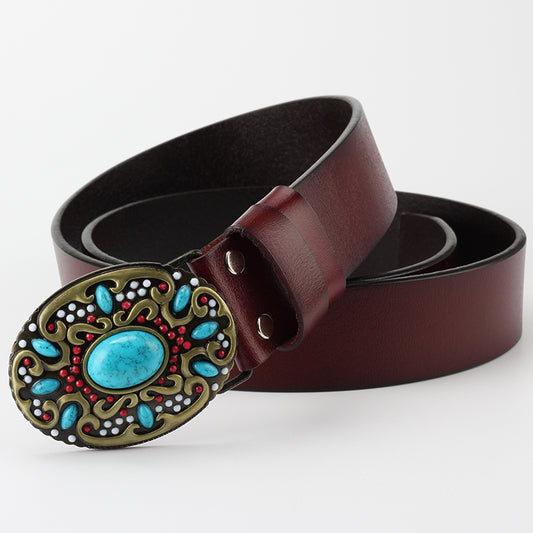 Cinturón de Cuero para Mujer con Adornos de Cuentas Decorativas