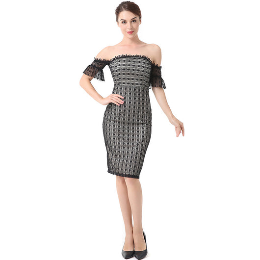 Vestido de Fiesta Slim Fit con Contraste de Encaje y Cuello Camisero - Image 3