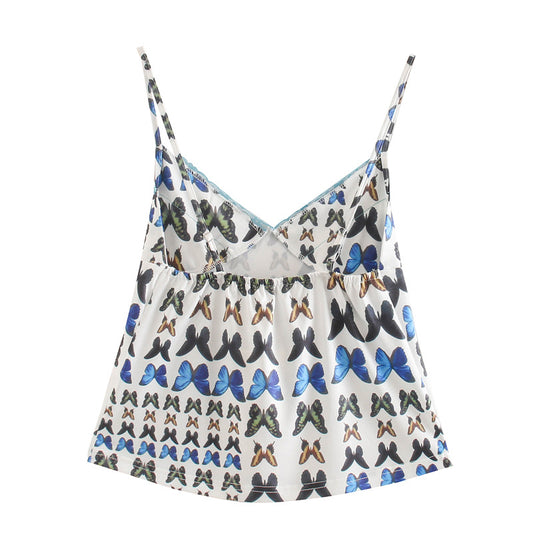 Top Corto Ajustado con Tirantes y Estampado de Mariposas en Encaje