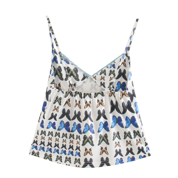 Top Corto Ajustado con Tirantes y Estampado de Mariposas en Encaje
