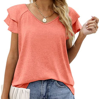 Blusa Cuello V Doble Capa Hoja de Loto Manga Corta para Dama - Image 16
