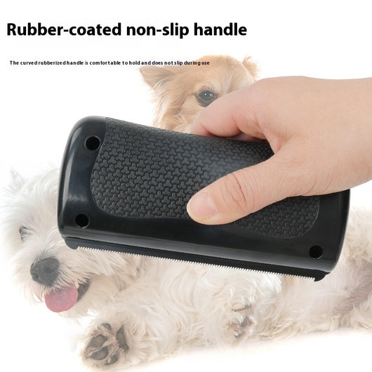 Black HistoTree animal deshedding comb with a textured grip, shown next to its white and green retail box. - Image 3