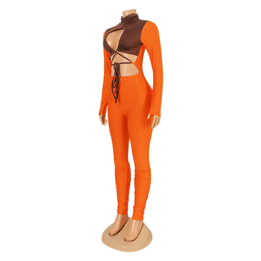 Jumpsuit Elegante de Manga Larga con Detalles Calados y Combinación de Colores - Image 10