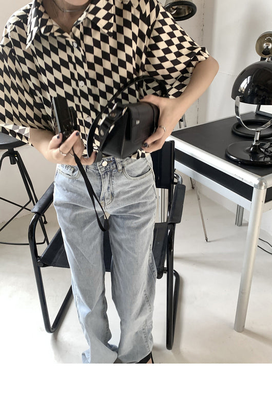 Polo Cuadros Blanco y Negro Mujer Manga Corta Suelta Estilo Casual - Image 10