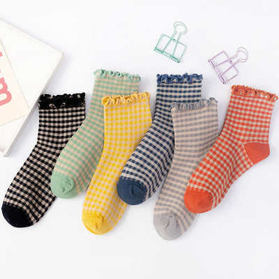 Calcetines Mujer Estilo Británico Japonés con Encaje y Cuadros
