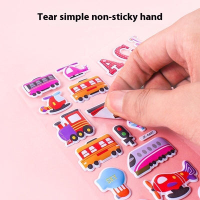 A hand holds a large stack of colorful 3D bubble stickers, with sheets featuring cars, vegetables, numbers, and animals. - Image 9