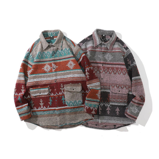 Camisa Étnica Suelta de Lana con Contraste de Colores para Hombre - Image 5