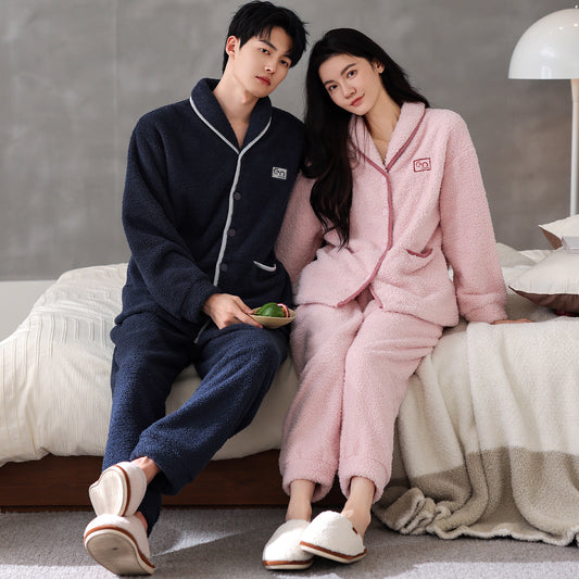 Pijama de Pareja Franela Gruesa Coral Fleece Manga Larga Abrigado
