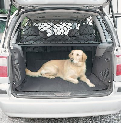 Black mesh dog protective net installed in a silver hatchback trunk, separating a golden retriever from the front seats. - Image 7