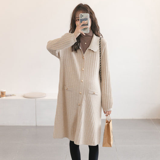 Cardigan Tipo Suéter Estilo Occidental Reductor de Edad con Cuello Solapa y Falda Tejida Elástica Midi