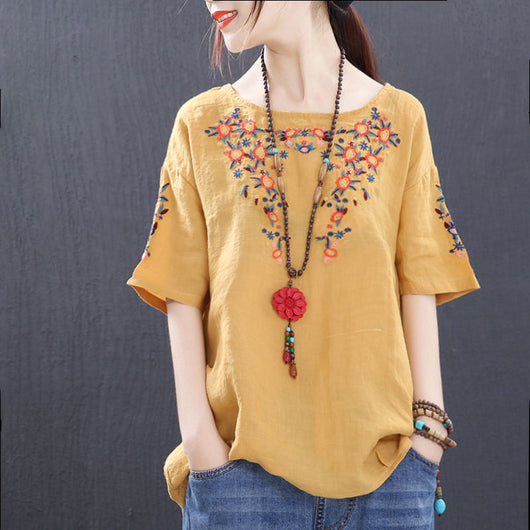 Blusa Étnica de Algodón con Bordado Cuello Redondo Manga Corta para Mujer - Image 8