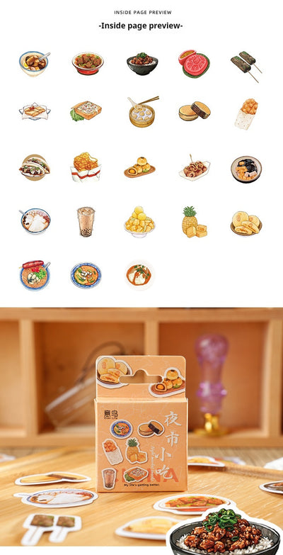 Box-packed set of 46 retro-style night market snack stickers, featuring illustrations of various foods and drinks. - Image 7