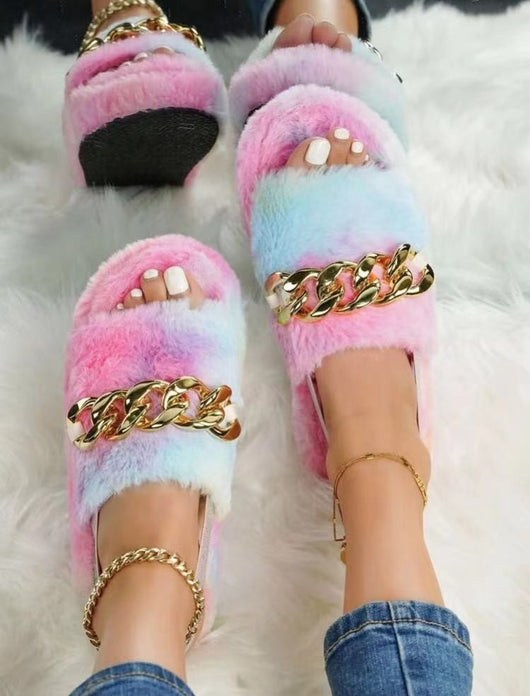 Pantuflas Étnicas Leopardo con Cadena Metálica y Felpa Suave - Image 4