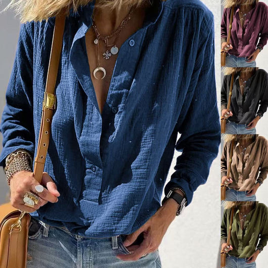 Camisa Suelta Retro de Algodón y Lino con Botones y Manga Larga