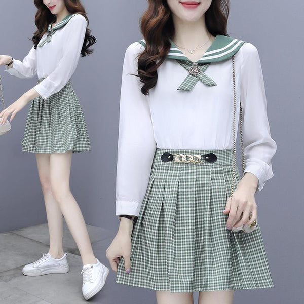 Conjunto Preppy Primavera: Blusa con Moño y Falda Cuadrillé - Image 4