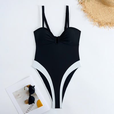 White one-piece women's swimsuit with black side panels and straps, featuring a ruched bust and U-shaped detail. - Image 21