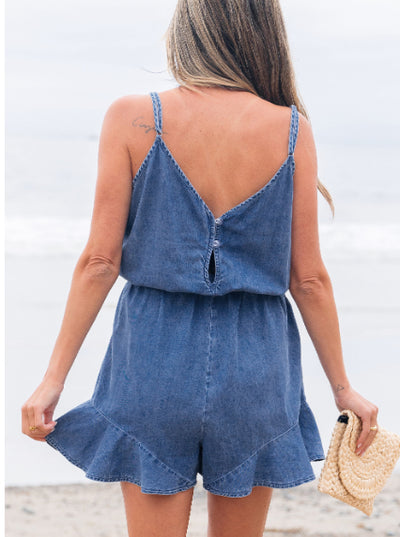 Mono Chambray Azul Ashleigh con Tirantes Finos, Escote V y Volantes - Image 8