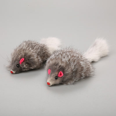 Two gray plush mouse cat toys with white tails, pink ears, and red noses on a plain background.