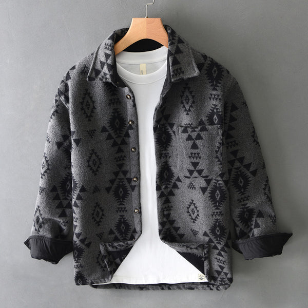 Camisa Casual de Lana Jacquard Retro para Hombre - Manga Larga Otoño