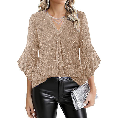Blusa Suelta de Malla Plateada con Cuello V y Mangas 3/4 Pétalos - Image 48
