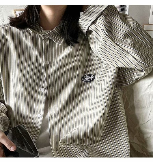 Camisa de Manga Larga Estilo Hong Kong a Rayas Casual Suelta Juvenil - Image 16