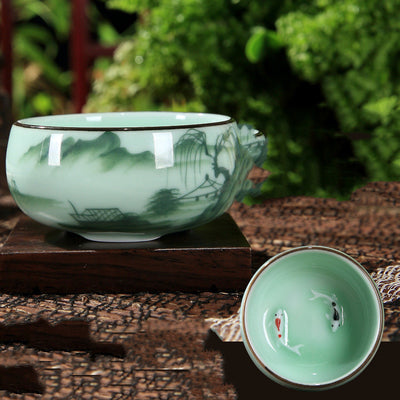 Juego de Té Kung Fu Celadón Pintado a Mano con Diseño Carpa Creativo - Image 8