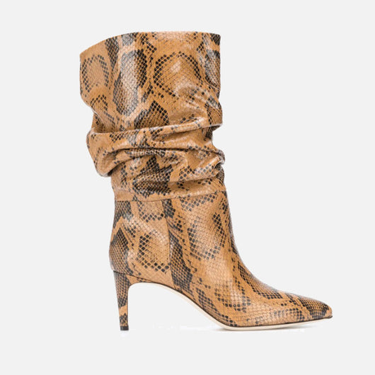 Botas Stiletto Punta Fina Efecto Serpiente Plisadas Púrpura y Plata - Image 14