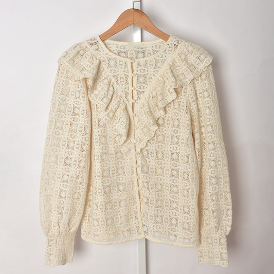 Blusa Elegante de Encaje con Bordado de Flor de Loto, Manga Larga Estilo Francés